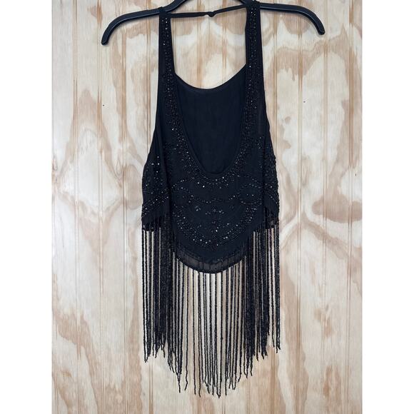 Kimchi Blue Whimsy Boho Glam Black Beaded Tassel Crop Top Open Back Large - Picture 3 of 8
